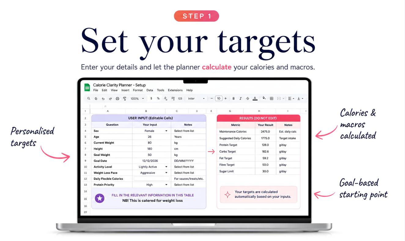 Step 1: Set your targets โ calories and macros calculated automatically