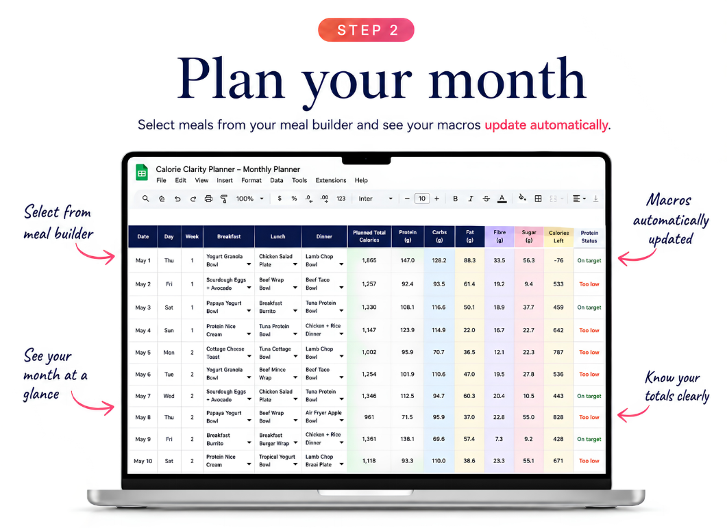 Step 2: Plan your month โ meal builder with macros updating automatically
