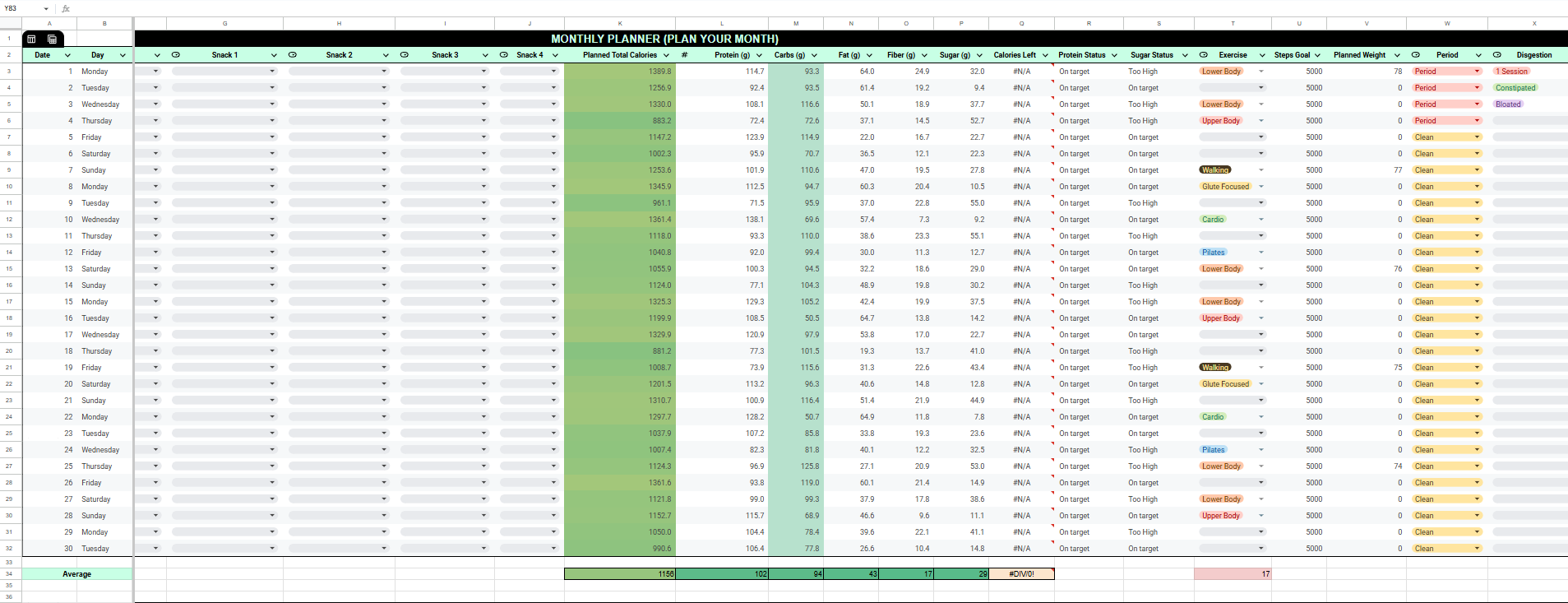 Real screenshot of the Calorie Clarity Planner — Monthly Planner